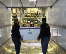 Chegaram ao Paraná, na noite desta segunda-feira (18), 374.100 novas doses do imunizante Covishield, produzido na parceria entre Universidade de Oxford, AstraZeneca e Fundação Oswaldo Cruz (Fiocruz).  -  Curitiba, 17/05/2021  -  Foto: Américo Antonio/SESA
