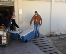 O Governo do Estado descentralizou vacinas contra a Covid-19 da Pfizer/BioNTech para nove municípios do Paraná nesta segunda-feira (24). Ao todo 39.780 doses foram distribuídas para Curitiba, Ponta Grossa, Guarapuava, Foz do Iguaçu, Araucária, Campo Largo, São José dos Pinhais, Colombo e Pinhais. -  24/05/2021  -  Foto: Américo Antonio/SESA