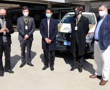 Entrega de novas viaturas para a Polícia Científica. Na foto o secretário da Segurança Pública do Paraná, Romulo Marinho Soares;secretário Estadual da Saúde, Beto Preto; diretor superintendente do Complexo Hospitar do Trabalhador, Geci Labres de Souza Júnior; diretor do Instituto Médico Legal (IML), André Ribeiro Langowiski; diretor do Instituto de Criminalística, Mariano Schaffka Netto.