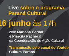 A Coordenação de Ação Social (CAC) da Superintendência-Geral da Cultura promove na quarta-feira (16), a partir das 17 horas, uma live sobre o programa de fomento Paraná Cultural. Estarão ao vivo no canal do YouTube Cultura Paraná Mariana Bernal e Priscila Pacheco, respectivamente coordenadora e técnica da CAC. A transmissão terá a abertura da superintendente-geral da Cultura, Luciana Casagrande Pereira.  -  Foto: Rita de Cassia Solieri Brandt Braga