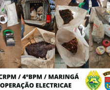 Policiais militares do 4º Batalhão de Polícia Militar (4º BPM), pertencente ao 3º Comando Regional da PM (3º CRPM), em conjunto com a Polícia Civil, a Guarda Municipal e a Prefeitura de Maringá desencadearam a Operação Electricae e apreenderam mais de meia tonelada de cobre derretido e aço inox. A ação policial aconteceu na quinta-feira (17/06) no Noroeste do estado e duas pessoas acabaram encaminhadas.  -  Maringá, 17/06/2021  -  Foto: SESP-PR