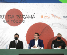 Governador Carlos Massa Ratinho Junior durante solenidade de lançamento nesta quinta-feira (08) no Palácio Iguaçu da campanha Torcida Paraná em Tóquio. O Estado terá a maior delegação de atletas da história do Paraná está na fase final de preparação para os Jogos Olímpicos e Paralímpicos Tóquio-2020 com 35 atletas.  -  Curitiba, 08/07/2021  -  Foto: Jonathan Campos/AEN