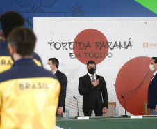 Governador Carlos Massa Ratinho Junior durante solenidade de lançamento nesta quinta-feira (08) no Palácio Iguaçu da campanha Torcida Paraná em Tóquio. O Estado terá a maior delegação de atletas da história do Paraná está na fase final de preparação para os Jogos Olímpicos e Paralímpicos Tóquio-2020 com 35 atletas.  -  Curitiba, 08/07/2021  -  Foto: Jonathan Campos/AEN