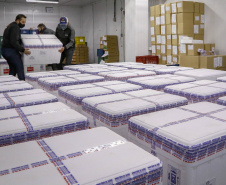 O Ministério da Saúde enviou na noite desta terça-feira (27) mais 298.250 vacinas contra a Covid-19 da AstraZeneca/Fiocruz ao Paraná. Este foi o terceiro envio do governo federal ao Estado em um único dia. Durante a tarde chegaram 233 mil vacinas, sendo 170 mil doses de CoronaVac/Butantan e 63 mil da AstraZeneca/Covax.  -  Curitiba, 27/07/2021  -  Foto: Gilson Abreu/AEN