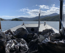 Nesta sexta-feira (30), 115 quilos de lixo foram recolhidos do manguezal, na Ilha do Teixeira, em Paranaguá. A ação integra o Programa de Monitoramento de Manguezais da Portos do Paraná. Foto: Pierpaolo Nota/ Portos do Paraná