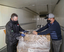 Um total de 329.380 doses de vacinas contra a Covid-19 já estão no Centro de Medicamentos do Paraná (Cemepar), em Curitiba. O lote, que desta vez foi encaminhado pelo Ministério da Saúde via terrestre, chegou na tarde deste sábado (31), às 16 horas.
Foto Gilson Abreu/AEN