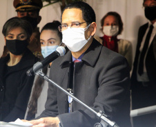São José dos Pinhais, 06 de agosto de 2021. Aspirantado Turma 2021. Foto: discurso do Secretário de Segurança Pública do Estado do Paraná, Coronel Romulo Marinho Soares.