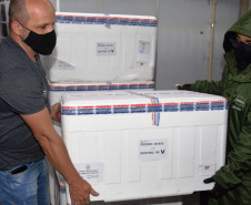 A Secretaria de Estado da Saúde (Sesa) recebeu na tarde desta segunda-feira (9) mais 67,6 mil vacinas contra a Covid-19. As doses da CoronaVac/Butantan fazem parte do lote com 209.170 vacinas para o Paraná, anunciadas pelo Ministério da Saúde no final da noite deste domingo (8). Foto: Américo Antonio/SESA