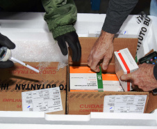 A Secretaria de Estado da Saúde (Sesa) recebeu na tarde desta segunda-feira (9) mais 67,6 mil vacinas contra a Covid-19. As doses da CoronaVac/Butantan fazem parte do lote com 209.170 vacinas para o Paraná, anunciadas pelo Ministério da Saúde no final da noite deste domingo (8). Foto: Américo Antonio/SESA