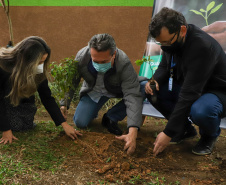 A primeira-dama Luciana Saito Massa, que preside o Conselho de Ação Solidária, e o secretário de Desenvolvimento Sustentável e do Turismo, Márcio Nunes, participam  da distribuição de mudas da campanha Floresce Paraná.F oto: Ari Dias/AEN