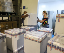 156.828 imunizantes da Pfizer/BioNTech  chegam  no Centro de Medicamentos do Paraná (Cemepar), em Curitiba, na tarde desta quarta-feira (8).  Foto: Geraldo Bubniak/AEN