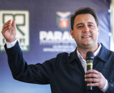 O governador Carlos Massa Ratinho Junior esteve nesta quinta-feira (9) em Palmas para o lançamento da pedra fundamental da pavimentação em concreto rígido de um trecho de 59,55 quilômetros da rodovia, além da implantação de 12,39 quilômetros de terceiras faixas.  - Palmas, 09/09/2021  -  Foto: José Fernando Ogura/AEN