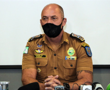 Envolvidos em tentativa de latrocínio de policial militar são localizados em operação conjunta na Capital . Na foto, coletiva de imprensa  -  Curitiba, 21 de setembro de 2021.  -  Foto: Soldado Amanda Morais