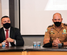 Envolvidos em tentativa de latrocínio de policial militar são localizados em operação conjunta na Capital . Na foto, coletiva de imprensa  -  Curitiba, 21 de setembro de 2021.  -  Foto: Soldado Amanda Morais