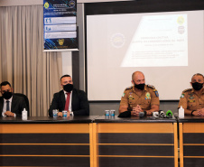 Envolvidos em tentativa de latrocínio de policial militar são localizados em operação conjunta na Capital . Na foto, coletiva de imprensa  -  Curitiba, 21 de setembro de 2021.  -  Foto: Soldado Amanda Morais