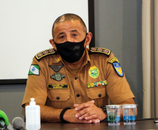 Envolvidos em tentativa de latrocínio de policial militar são localizados em operação conjunta na Capital . Na foto, coletiva de imprensa  -  Curitiba, 21 de setembro de 2021.  -  Foto: Soldado Amanda Morais