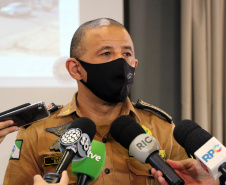 Envolvidos em tentativa de latrocínio de policial militar são localizados em operação conjunta na Capital . Na foto, coletiva de imprensa  -  Curitiba, 21 de setembro de 2021.  -  Foto: Soldado Amanda Morais