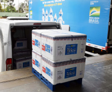 As 344.210 doses da vacina contra a Covid-19 referentes à 56ª pauta de distribuição do Ministério da Saúde chegaram ao Paraná nesta terça-feira (5). Foto: Américo Antonio/SESA