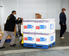 As 344.210 doses da vacina contra a Covid-19 referentes à 56ª pauta de distribuição do Ministério da Saúde chegaram ao Paraná nesta terça-feira (5). Foto: Américo Antonio/SESA