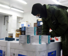 As 344.210 doses da vacina contra a Covid-19 referentes à 56ª pauta de distribuição do Ministério da Saúde chegaram ao Paraná nesta terça-feira (5). Foto: Américo Antonio/SESA