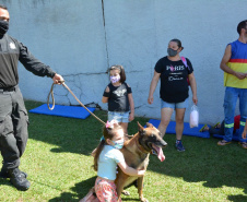 Servidores do Departamento Penitenciário do Paraná organizaram uma campanha para arrecadação de doces e brinquedos que foram entregues nesta quarta-feira (13), a crianças do Centro Municipal de Educação Infantil Ana Maria, em Piraquara, na Região Metropolitana de Curitiba. Além dos presentes, uma apresentação com cães que atuam no sistema prisional alegrou a tarde da criançada.  -  Curitiba, 14/10/2021 - Foto: DEPEN/PR