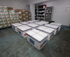 Um novo carregamento 133.100 vacinas AstraZeneca/Fiocruz   contra a Covid-19 chegam no Centro de Medicamentos do Paraná (Cemepar), em Curitiba, na noite desta quinta-feira (21).  Foto: Geraldo Bubniak/AEN