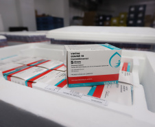 Um novo carregamento 133.100 vacinas AstraZeneca/Fiocruz   contra a Covid-19 chegam no Centro de Medicamentos do Paraná (Cemepar), em Curitiba, na noite desta quinta-feira (21).  Foto: Geraldo Bubniak/AEN