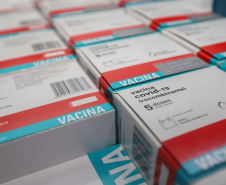 Um novo carregamento 133.100 vacinas AstraZeneca/Fiocruz   contra a Covid-19 chegam no Centro de Medicamentos do Paraná (Cemepar), em Curitiba, na noite desta quinta-feira (21).  Foto: Geraldo Bubniak/AEN