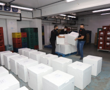 Um novo carregamento  555.750 imunizantes da Pfizer/BioNTech   contra a Covid-19 chegam no Centro de Medicamentos do Paraná (Cemepar), em Curitiba, na nesta sexta-feira (22).  Foto: Geraldo Bubniak/AEN