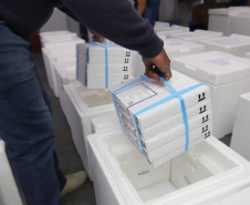Um novo carregamento  555.750 imunizantes da Pfizer/BioNTech   contra a Covid-19 chegam no Centro de Medicamentos do Paraná (Cemepar), em Curitiba, na nesta sexta-feira (22).  Foto: Geraldo Bubniak/AEN
