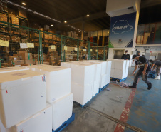 Um novo carregamento  555.750 imunizantes da Pfizer/BioNTech   contra a Covid-19 chegam no Centro de Medicamentos do Paraná (Cemepar), em Curitiba, na nesta sexta-feira (22).  Foto: Geraldo Bubniak/AEN