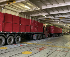 Nesta terça-feira (27), no Porto de Paranaguá, foi realizado mais um embarque de madeira em um navio do tipo roll on-roll off (Ro-ro). Esta é a segunda vez, na atualidade, que a embarcação - geralmente destinada para o transporte de veículos, projetos e maquinários -  é utilizada para essa carga geral.  -  Curitiba, 27/10/2021 - Foto: Nájia Furlan/Portos do Paraná
