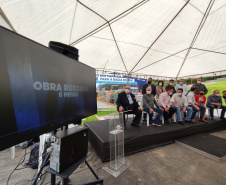 O governador Carlos Massa Ratinho Junior inaugurou nesta quinta-feira (28) a obra de transposição do rio Capivari para a Bacia do Iraí, em Colombo, na região metropolitana de Curitiba. Foto: Jonathan Campos/AEN