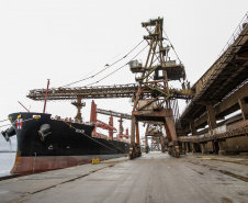 No Corredor de Exportação Leste do Porto de Paranaguá (Corex), duas operações em andamento chamam a atenção por fugirem da rotina do complexo portuário, pelo tipo de produto e modalidade de transporte adotado. A primeira pelo embarque de trigo para navegação interior (cabotagem). Outra, pelo sentido da carga e pela produtividade: 11 mil toneladas de milho de importação foram descarregadas em 24 horas. Foto: Claudio Neves/Portos do Paraná