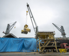 No Corredor de Exportação Leste do Porto de Paranaguá (Corex), duas operações em andamento chamam a atenção por fugirem da rotina do complexo portuário, pelo tipo de produto e modalidade de transporte adotado. A primeira pelo embarque de trigo para navegação interior (cabotagem). Outra, pelo sentido da carga e pela produtividade: 11 mil toneladas de milho de importação foram descarregadas em 24 horas. Foto: Claudio Neves/Portos do Paraná