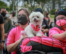 Expedição Filhas do Paraná volta a Curitiba após 2.800 km divulgando o Outubro Rosa. As motociclistas do grupo Filhas do Vento e da Liberdade retornaram neste sábado (30) ao Palácio Iguaçu – mesmo ponto de onde partiram no dia 14 de outubro, e foram recebidas pelo vice-governador Darci Piana e pela primeira-dama do Estado e presidente do Conselho Estadual de Ação Solidária, Luciana Saito Massa. - Curitiba, 30/10/2021 - Foto: Valdelino Pontes