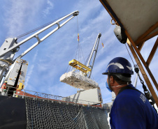 No berço 202 do Porto de Paranaguá, o navio Lady Lilly recebe uma carga inédita de gergelim em sacas. O produto nacional, que segue para exportação, é estivado direto nos cinco porões da embarcação. Em média, cada espaço vai levar cerca de 4 mil toneladas da semente, totalizando um embarque de 20 mil toneladas que têm como destino a Guatemala. - Paranaguá, 04/11/2021 - Foto: Cláudio Neves/Portos do Paraná