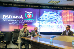 Coletiva de imprensa do secretário da Segurança Pública, coronel Rômulo Marinho Soares, acompanhado do Delegado Geral Adjunto Riad Braga Farhat  e do delegado Marcos Fernando da Silva Fontes, sobre a integração da base de dados entre Paraná, São Paulo e Brasília que permitiu a identificação de uma pessoa suspeita da morte da menina Raquel Genofre,  nesta quinta-feira (19). Curitiba, 19/04/2019 - Foto: Geraldo Bubniak/AEN