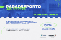 O projeto Paradesporto nas Cidades terá seu início marcado neste sábado (16), às 14h, em Fazenda Rio Grande. O local é o Ginásio Gurizão, que receberá uma ação especial: o amistoso entre os Titans (Pinhais) e o Leões do Iapó (Castro), do basquete em cadeira de rodas. A ação será em parceria com a Secretaria de Esportes e Juventude de Fazenda Rio Grande.  -  Curitiba, 14/10/2021 - Foto/Arte: Paradesporto nas Cidades