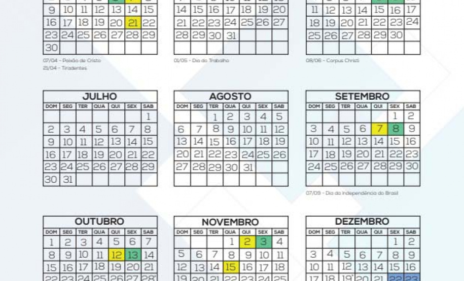 Governo do Estado divulga calendário de feriados e pontos facultativos